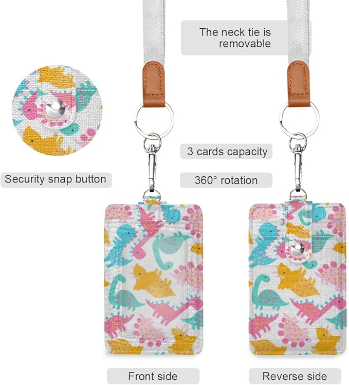 Dinosaur ID Badge Holder with Lanyard, Vertical Leather ID Badge Card Holder for Office Staff, School Teacher and Student