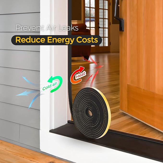 13 Feet Weather Stripping Door Seal, 1/2" Wide X 3/8" Thick Door Seal Strip High Density Foam Tape Adhesive Strip for Door Soundproofing,Window Insulation (1/2" x 3/8" x 13FT,Black)