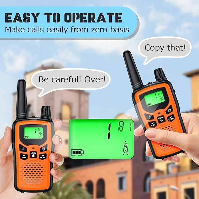 Walkie Talkies 2 Pack Walkie talkies with Rechargegable for Adults, 22 Channel FRS 2-Way Radios Walky Talky with LED Flashlight for Climbing, Camping Trip and Family Emergency Kit(2 Pack Orange).