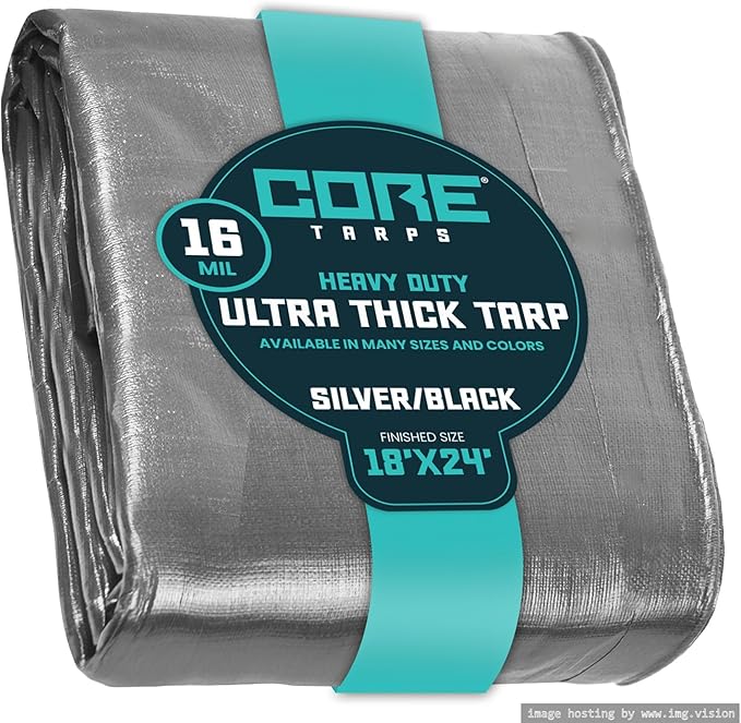 Core Tarps Extra Heavy Duty 16 Mil Tarp Cover, Waterproof, UV Resistant, Rip and Tear Proof, Poly Tarpaulin with Reinforced Edges for Roof, Camping, Patio, Pool, Boat (Silver/Black 18′ X 24′)