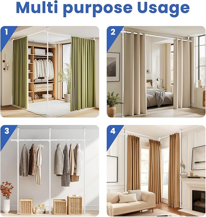 Room Divider No Drill Curtain Rod (H)43-120×(W)35-100 inch, Adjustable Heavy Duty Tension Pole 45 LBS Load, Freestanding Partition Wall for Apartment/Dorm/Office, Curtains Not Included- White, 1 Pack