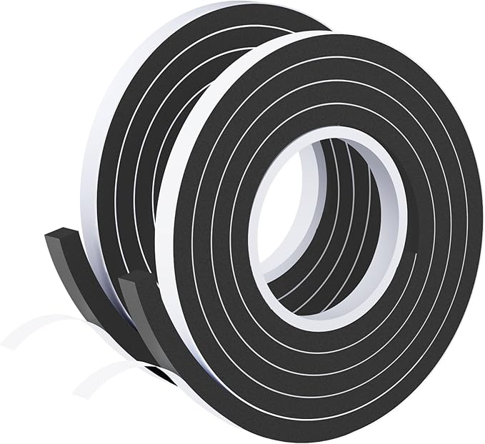 Weather Stripping Door Seal Black,1/2Inch Wide X 3/8Inch Thick,Air Conditioner Window Seal,Self Adhesive Foam Tape High Density Foam Sealing Strip,Soundproof Foam Tape Roll,2 Rolls Total 13.2Ft