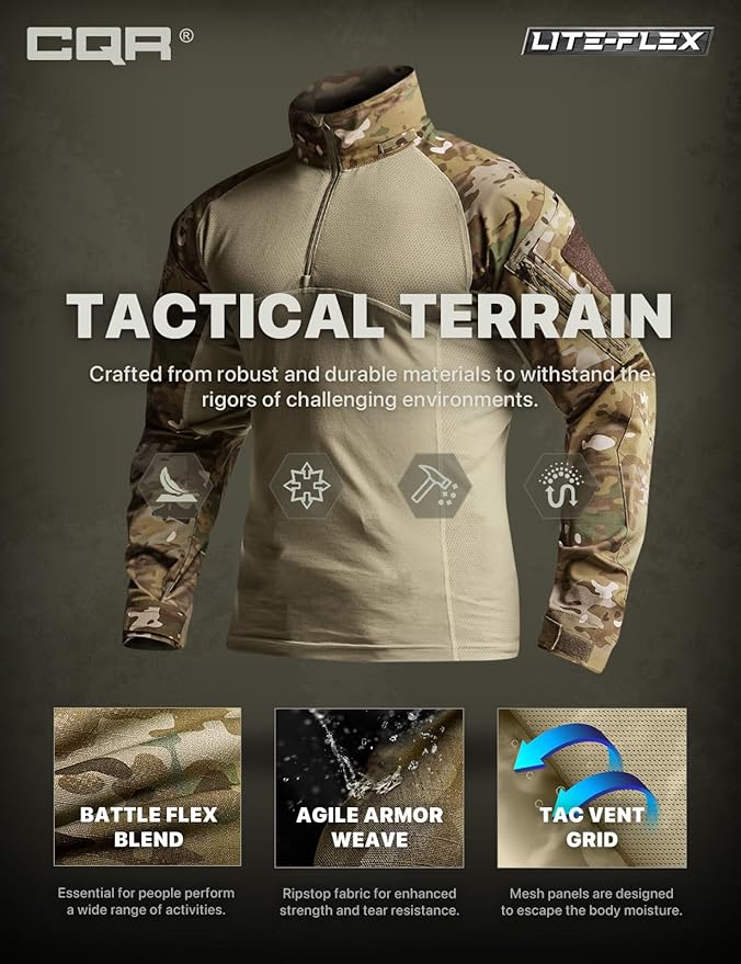 CQR Men's Combat Shirt Tactical 1/4 Zip Long Sleeve Military BDU Shirts Camo EDC Top with Pockets