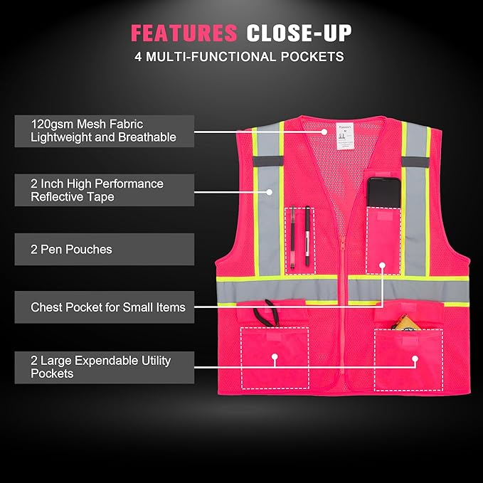 ProtectX Safety Vest for Men Women ANSI Class 2 High Visibility Mesh Reflective Construction Vest with 4 Pockets