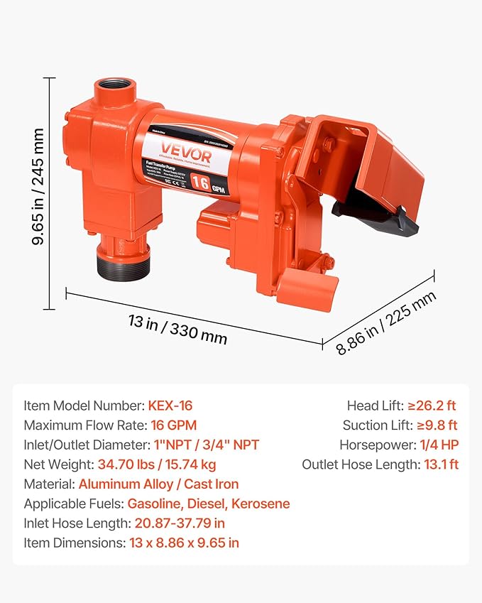 VEVOR Fuel Transfer Pump, 12V DC 16 GPM 1/4 HP Diesel Pump, Extractor Pumps with Manual Nozzle, Discharge Hose and Suction Pipe, for Gasoline, Diesel, Kerosene, Ethanol-Methanol Blends & Biodiesel