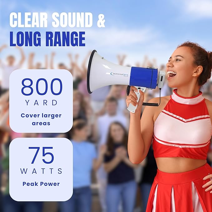 Technical Pro Rechargeable Portable 75-Watt Megaphone Bullhorn Speaker w/Siren & Detachable Microphone - Battery w/Battery a Built-in AC Wall Charger, Good for Trainers, Coaches, Cheer Leaders