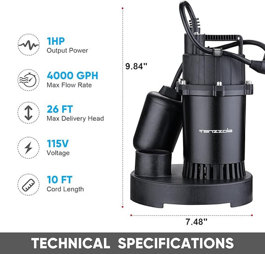 Sump Pump, 1HP 4000GPH Submersible Water Pump with Float Switch, Portable Electric Cast Aluminum Sump/Sewage Pump with 10FT Cord for Basement Draining