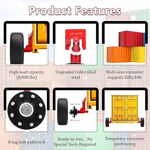 Shipping Container Wheel Kit, Ratchet Straps & Shackles,Shipping Container Accessories,8-Lug Wheels with Heavy-Duty Axles,Heavy-Duty Mobility for 20ft & 40ft Empty Containers