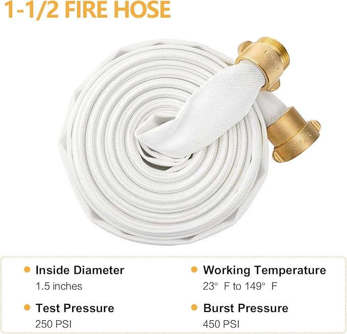 Fire Hose,1-1/2" ID X 50 FT, Single Jacket TPU, 450 PSI Burst Pressure, Industrial Fire Hose with NST/NH Brass Couplings for Indoor Use