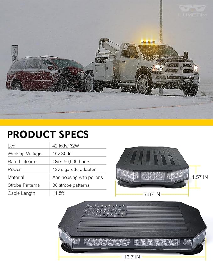 LUMENIX Rooftop Strobe Beacon Lights Bar w/Controller, American Flag Pattern White Amber LED Emergency Warning Traffic Flashing Light for Construction Vehicles Work Trucks Snowplow (Patented Design)