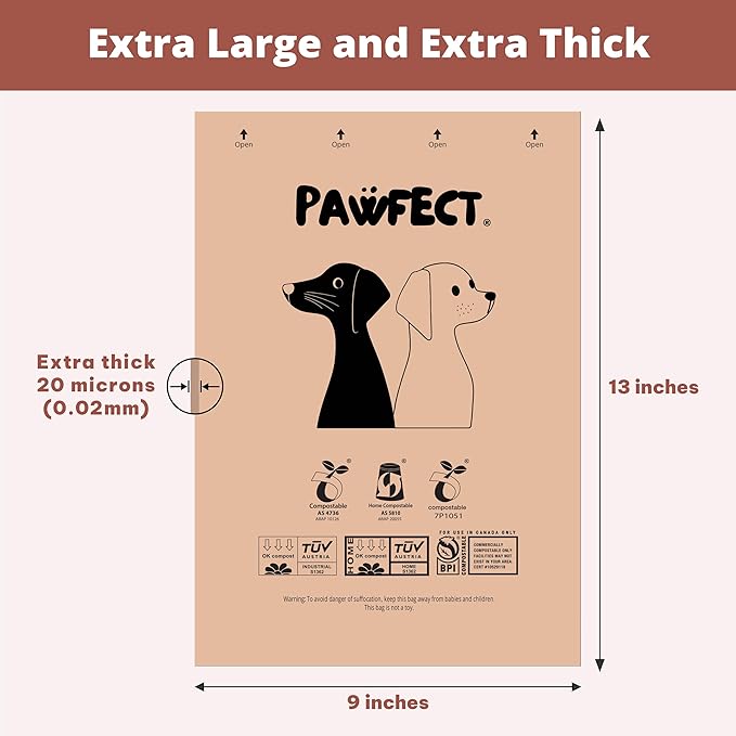 Pawfect Dog Poop Bags Rolls – Home Compostable Doggie Bags, Compostable Dog Waste Bags, BPI Certified Pet Waste Bags, Unscented, Large, Puppy Poo, Earth Friendly, Bolsas de Basura (480 Counts)