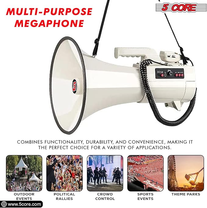 5 CORE Megaphone 100W Bull Horn Professional PA Speaker w 2000 Yards Long Range Loud Siren Voice Amplifier USB/SD/3.5mm Aux Portable Megafono for Emergency Outdoor Sports and Coaches - 4501 USB