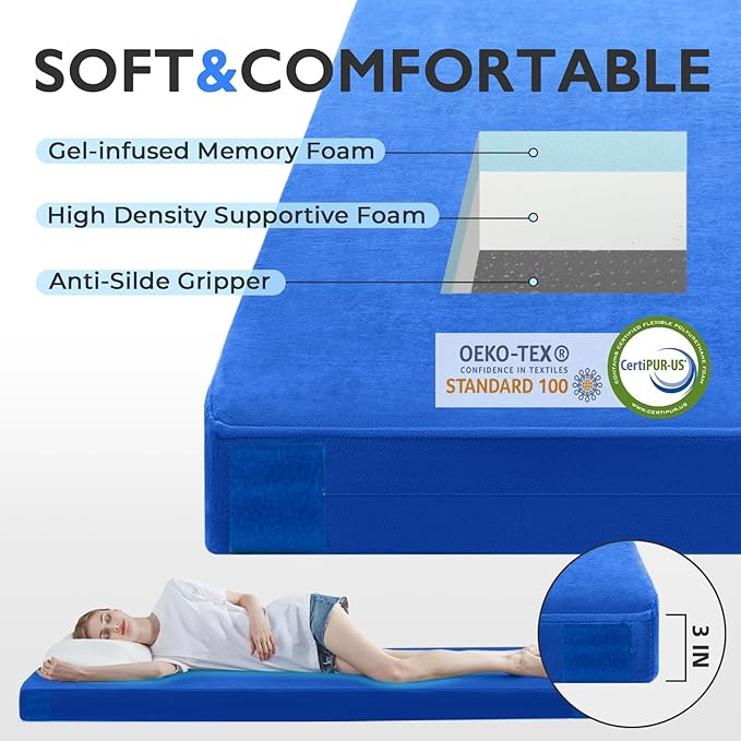 Kingfun 3 Inch CertiPUR-US Memory Foam Camping Mattress, Waterproof Roll up Sleeping Pad for Adults, Comfortable Thick Floor Sleeping Mats for Car Truck Tent with Removable Travel Bag
