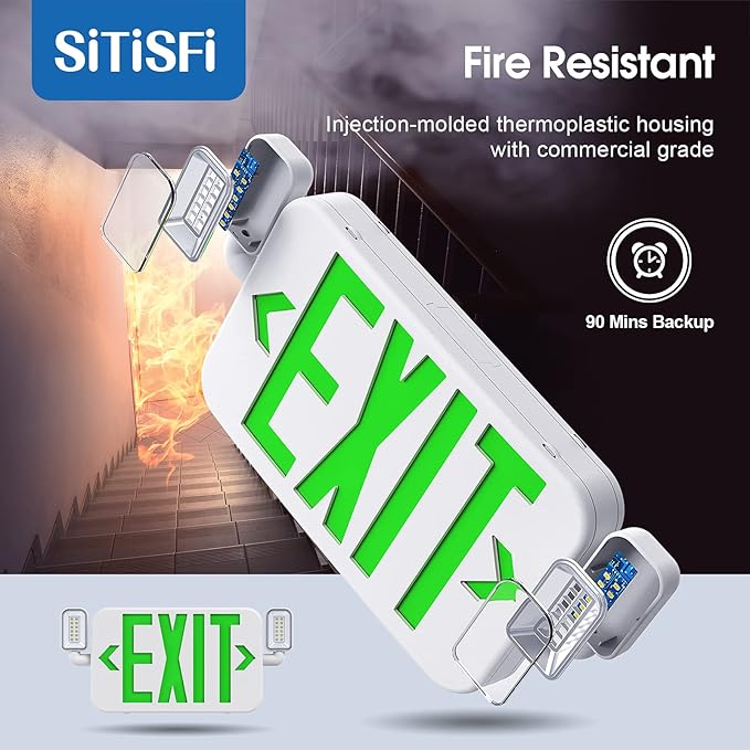 Led Combo Emergency Exit Sign Light with Two Adjustable Head Lights and Backup Battery,US Standard Green Letter Commercial Emergency Exit Lighting,UL 924,120/277V (2Pack)