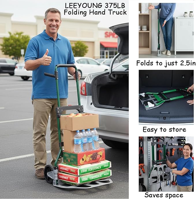 LEEYOUNG Upgraded Folding Hand Truck Dolly Cart Heavy-Duty 375lb，Aluminum Wheel Bracket & Portable Aluminum Dolly Cart, Indoor/Outdoor Use