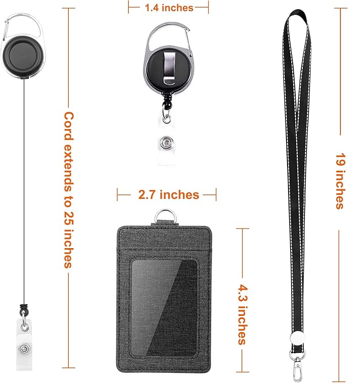 Life-Mate Badge Holder - Leather ID Card Holder Wallet Case with 3 Cards Slot and Neck Lanyard/Strap. Additional Retractable Badge Reel with Belt Clip (Black, Linen Finish)