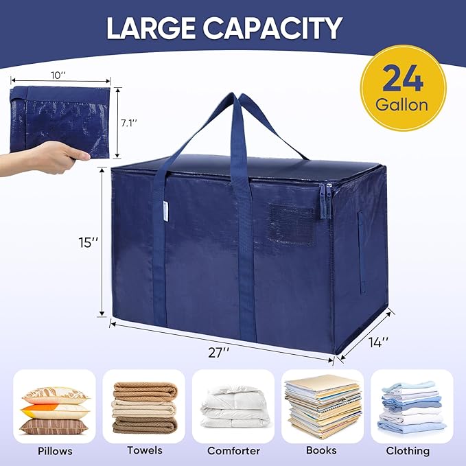 TICONN 8 Pack Extra Large Moving Bags with Zippers & Carrying Handles, Heavy-Duty Storage Tote Moving Boxes for Space Saving (8 Pack, Navy)