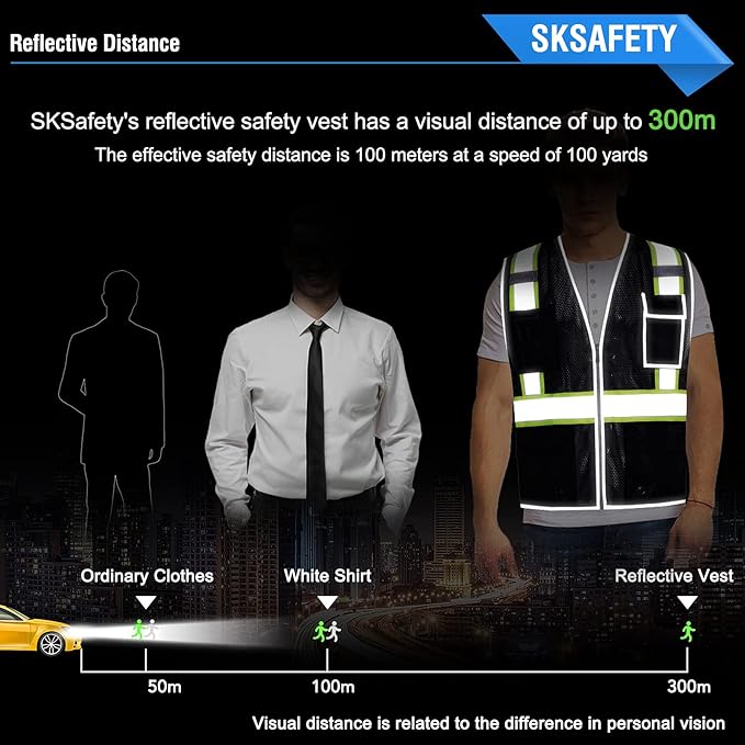 SKSAFETY 10 Pockets Safety Vest, Class 2 High Visibility Security with Zipper Double-sided mesh, Hi Vis Vest with Reflective Strips, ANSI/ISEA Standard, Construction Work Vest （Black, 5XL）