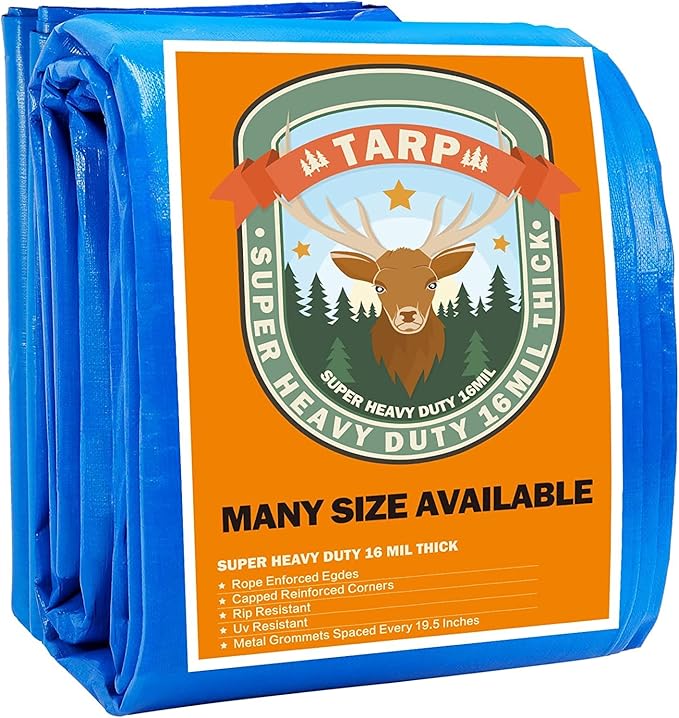 Blue Tarp, Tarps Heavy Duty Waterproof 14x14, Waterproof Plastic Poly 16 Mil Thick Tarpaulin with Metal Grommets Every 19.5 Inches - Emergency Rain Shelter, Outdoor Cover, and Camping Use