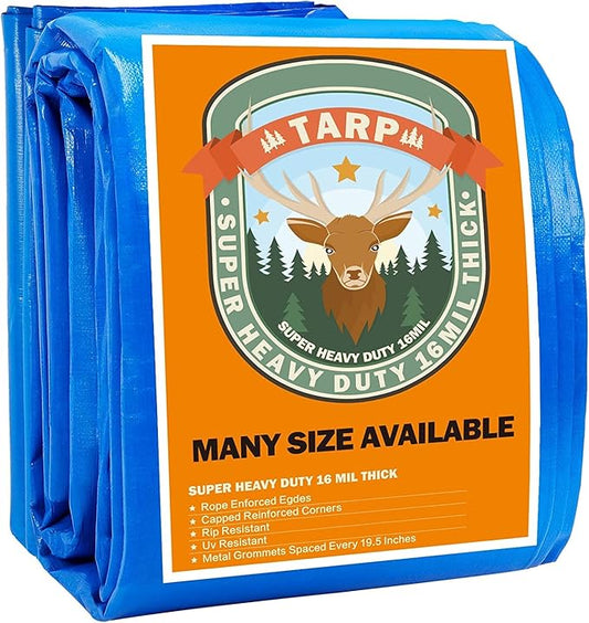 Small Tarp, Tarps Heavy Duty Waterproof 6x8, Waterproof Plastic Poly 16 Mil Thick Tarpaulin with Metal Grommets Every 19.5 Inches - Emergency Rain Shelter, Outdoor Cover, and Camping Use