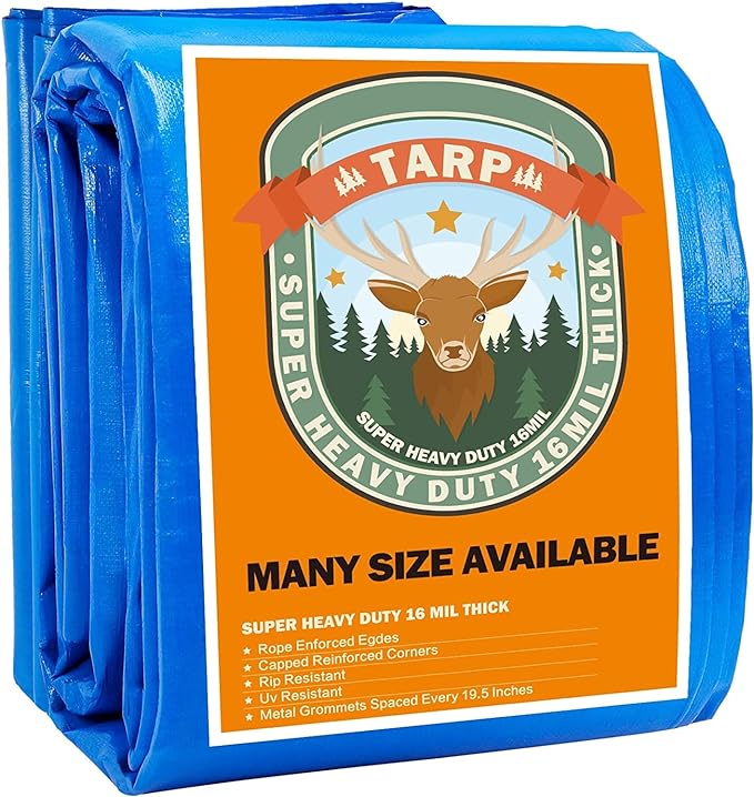 Tarps Heavy Duty Waterproof 12x16, Blue Tarp, Waterproof Plastic Poly 16 Mil Thick Tarpaulin with Metal Grommets Every 19.5 Inches - Emergency Rain Shelter, Outdoor Cover, and Camping Use