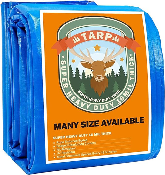 Tarps Heavy Duty Waterproof 12x16, Blue Tarp, Waterproof Plastic Poly 16 Mil Thick Tarpaulin with Metal Grommets Every 19.5 Inches - Emergency Rain Shelter, Outdoor Cover, and Camping Use