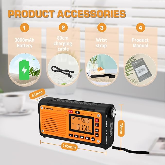 XHDATA D608WB Emergency Radio Hand Crank Weather Radio FM/AM/SW/NOAA Alert Portable Radio, Bluetooth MP3, USB/Solar/Hand Crank Charging, Flashlight, Reading Lamp and SOS Alarm