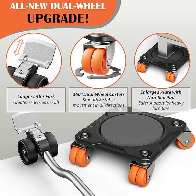 ONEON Furniture Mover Ultra Parked Edition with 10 Wheels – All-New Upgraded Double-Wheeled Low-Profile Dolly with Parking Lock for Long-Term Placement Under Heavy Item, Supports up to 2200 lbs