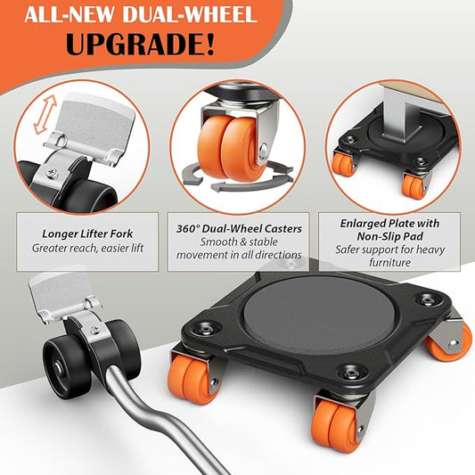 ONEON Furniture Mover Ultra Parked Edition with 10 Wheels – All-New Upgraded Double-Wheeled Low-Profile Dolly with Parking Lock for Long-Term Placement Under Heavy Item, Supports up to 2200 lbs
