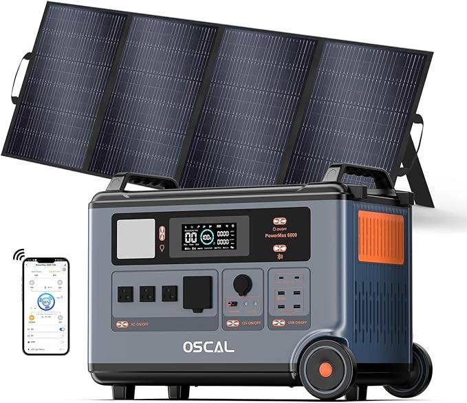 OSCAL PowerMax 6000 Solar Generator with 400W Solar Panel, 120V/240V Split Phase Voltage 6000W AC Outlets (9000W Peak), 2200W AC Charging/2400W PV Charging for Home, Emergency, Bank Battery Backup