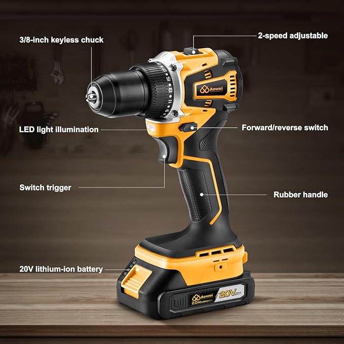 20V Yellow Brushless Cordless Drill Set (2-Piece) - Compact Power Drill Driver with 2.0Ah Battery, Power Drill Set with Battery and Charger & 3/8" Keyless Chuck，Yellow