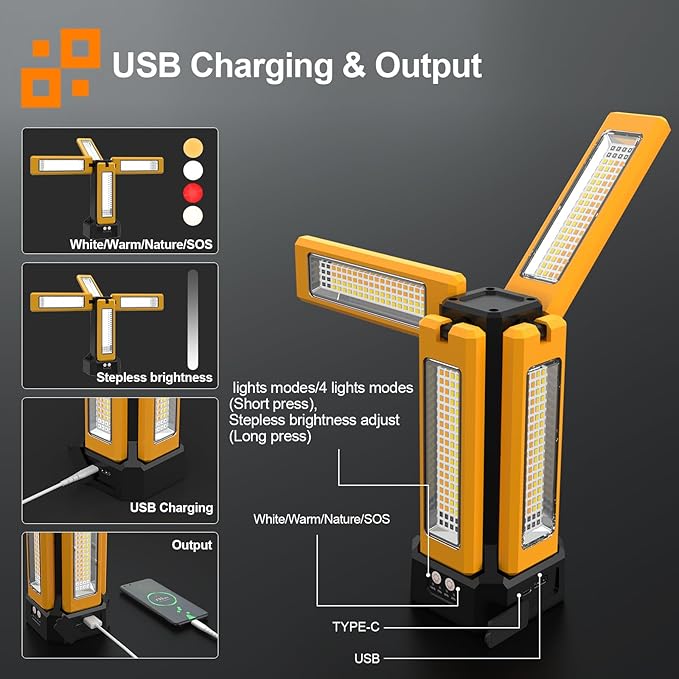 13200mAh Rechargeable Solar Work Light with Folding Stand and Carrying Bag, AODOO 8000 Lumen Stepless Dimmable , White/Warm/Nature White/RED(SOS) with Detachable Tripod (Orange)