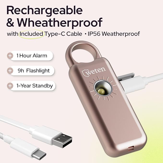 Weten Personal Safety Alarm Keychain – 130dB Siren with Bottom Speaker, LED Light, Wristlet & Carabiner Clip – Weatherproof Self Defense Alarm with Low Battery Alert (Metallic Rose)