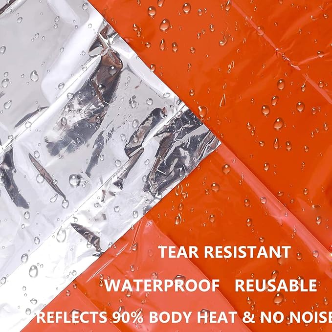 Survival kit 4 Pack, 1 Emergency Tent 1 Emergency Sleeping Bag 1 Mylar Blankets 1 Poncho with 4 Tac Bags for Outdoor Carcar Kits, Camping, Hiking Reuse Emergency Shelter.(Orange)