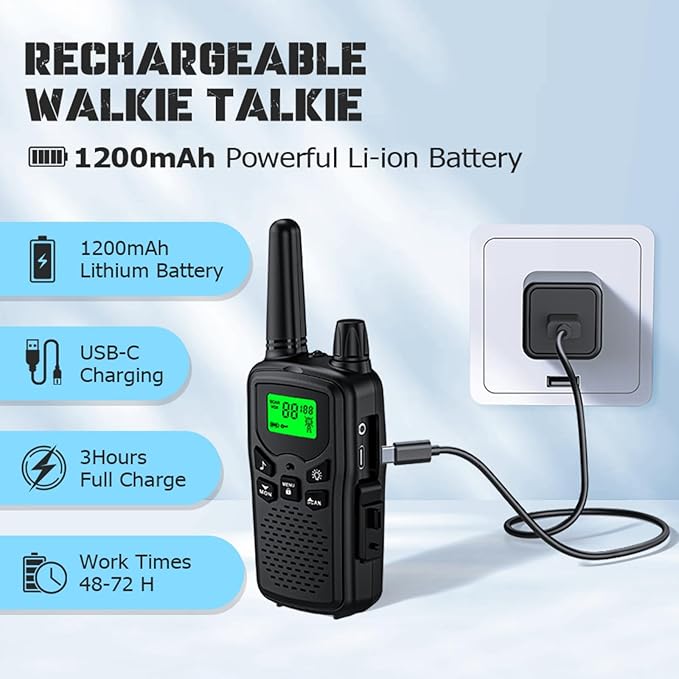 Black Walkie Talkies Rechargeable Long Range Two-Way Radios with 22 FRS,2-Way Radios UHF Handheld Transceiver Walky Talky with Flashlight Li-ion Battery and Charger（2 Pack Black）
