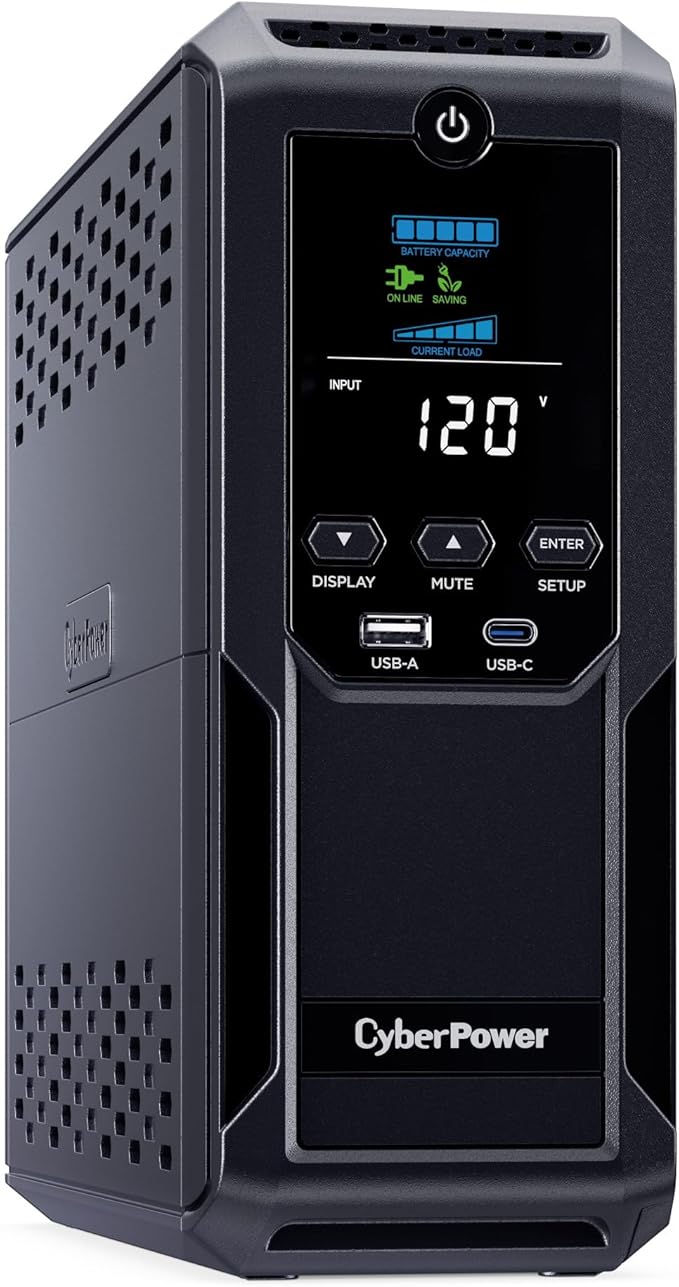 CyberPower CP1350AVRLCD3 Intelligent LCD UPS System, 1350VA/815W, 12 Outlets, 2 USB Ports, AVR, Mini Tower, Black