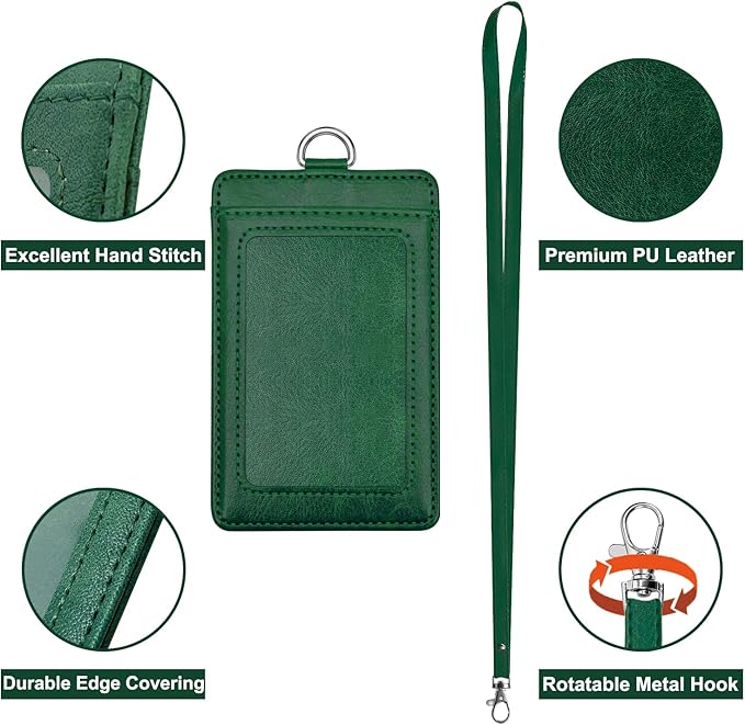 Life-Mate ID Badge Holder with 1 Clear ID Window, 1 Credit Card Slot and PU Leather Lanyard for Badge, College ID Cards in Dark Green
