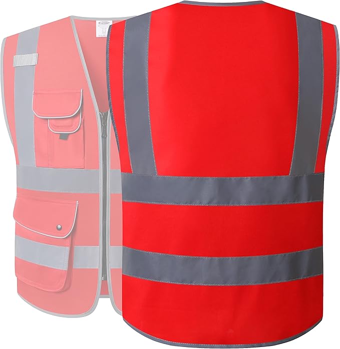 JKSafety 9 Pockets High Visibility Zipper Front Safety Vest With Reflective Strips,Meets ANSI/ISEA Standard (XX-Large, 150-Red)