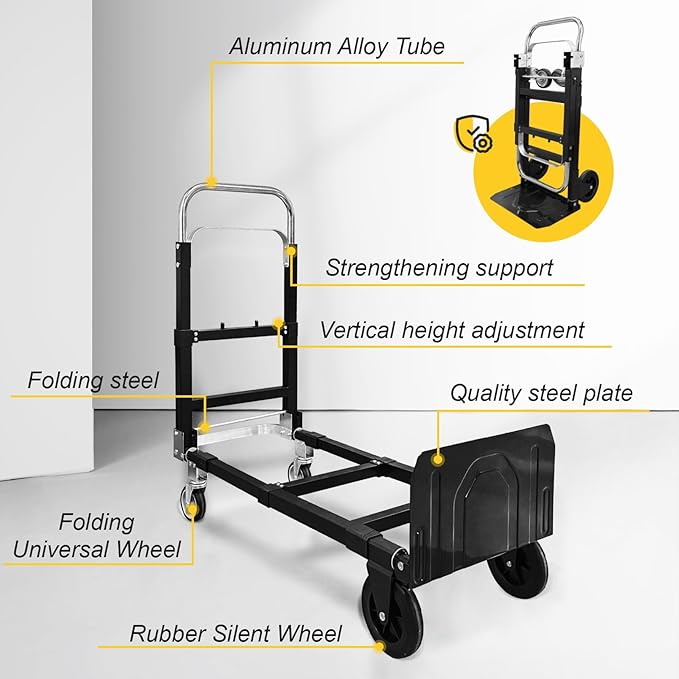 3-in-1 Aluminum Hand Truck Dolly, 600 lbs Heavy Duty Folding Trolley with Universal Wheels, Convertible Hand Truck with Tie Down Straps for Warehouse, Supermarket, Office (Black)