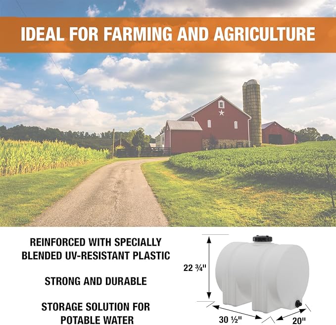 RomoTech 35 Gallon Polyethylene Storage Tank with Legs–Heavy-Duty Horizontal Water Storage Tank for Farms, Industrial or Chemical Use–UV-Resistant, Rustproof, BPA-Free Plastic Liquid Tank, 82126189