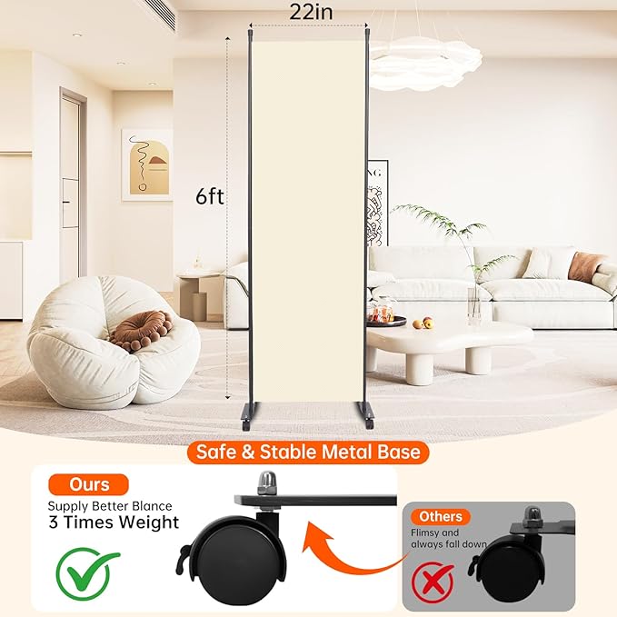 Room Divider 22''W Wall Divider for Room Partition (Heavy Duty Base) 1 Panel Partition Room Dividers, Freestanding Room Divider Screen Separation W/Wheels Folding Privacy Screen Panel Space Separator