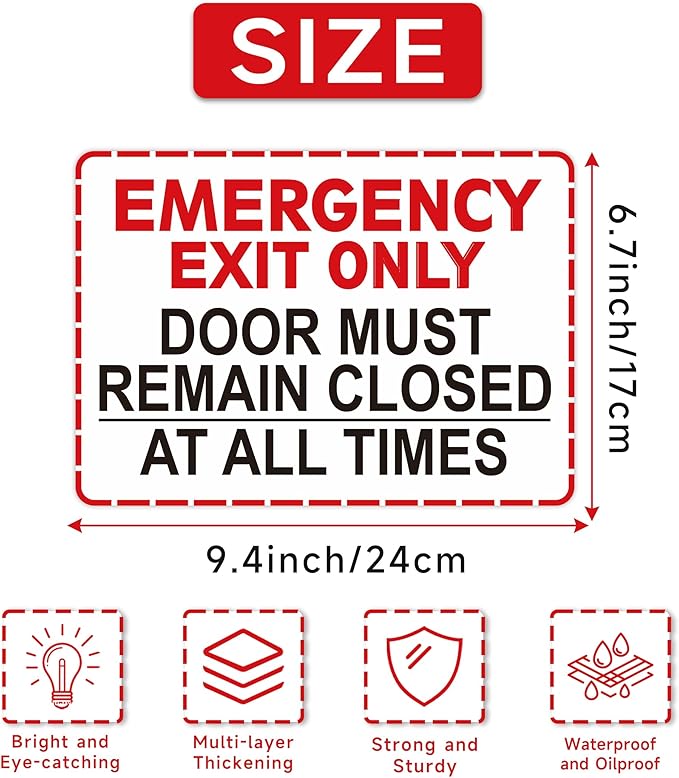 Emergency Exit Only Signs Sticker，Self Adhesive UV, Weather, Scratch, Water & Fade Resistant Door Must Remain Closed At All Times sign for Business, Schools, Offices, Storage Rooms, Hospitals