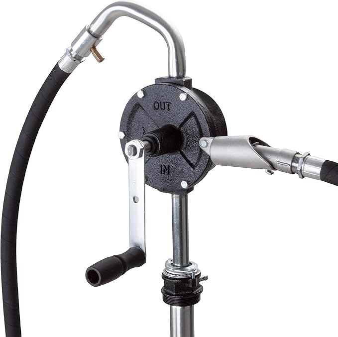 Groz 44082 Industrial Rotary Fuel Pump, with Steel Discharge Spout, Vacuum Breaker and 8' Discharge Hose