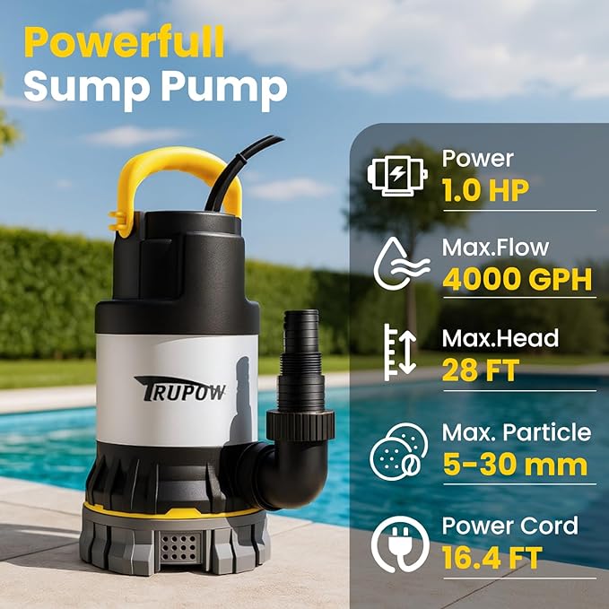 1 HP Sump Pump 4000 GPH Clean/Dirty Stainless Steel Submersible Water Pump Portable Electric Utility Pump for Swimming Pool Garden Basement Tub Pond Draining