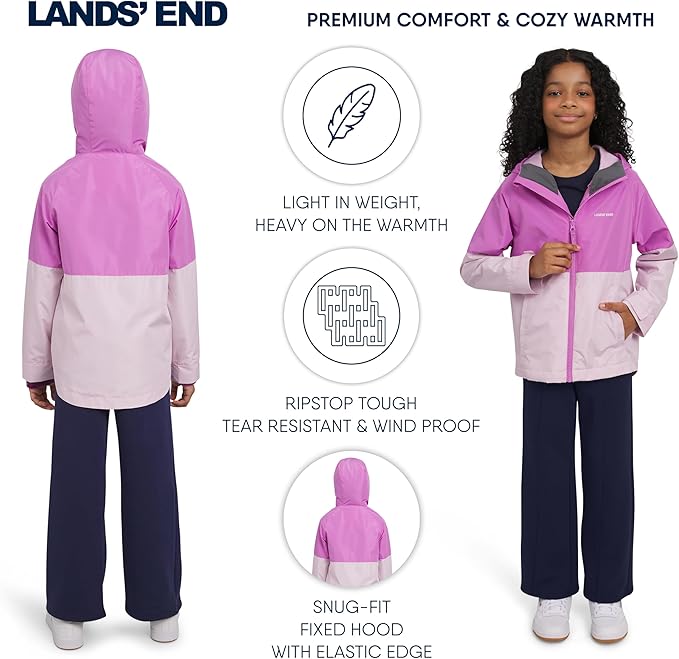 Lands' End Unisex Kids 3-in-1 Water Resistant Windbreaker and Zip-out Polar Fleece Jacket