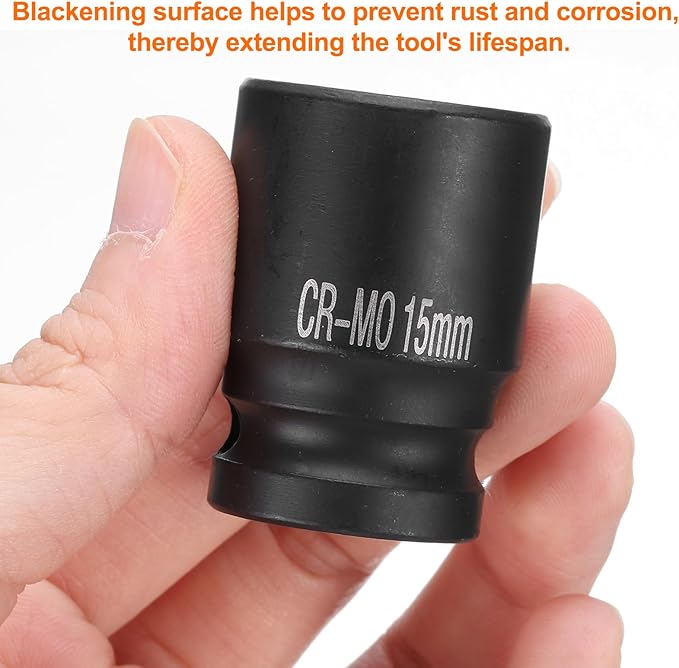 HARFINGTON 4 Point Square Socket 1/2" Drive 15mm Metric Square Impact Socket CR-MO Blackening Standard Wheel Sockets Pneumatic Socket Tool for Auto Repair Mechanical Maintenance Home Use