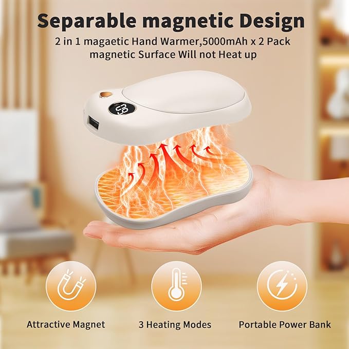 Hand Warmers Rechargeable 2 Pack, 10000mAh Electric Hand Warmers, Reusable Portable Pocket Heater, LED Display & 3 Levels, Gifts for Christmas, Outdoor, Golf, Travel, Hunting, Camping