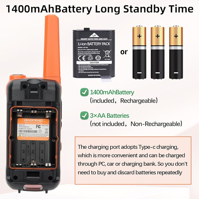 BAOFENG Walkie Talkies Long Range for Adult, 4Pack Rechargeable Walkie Talkie FRS Two Way Radio 1400mAh Li-ion Battery ，USB-C Cable， NOAA with Flashlight for Camping Family