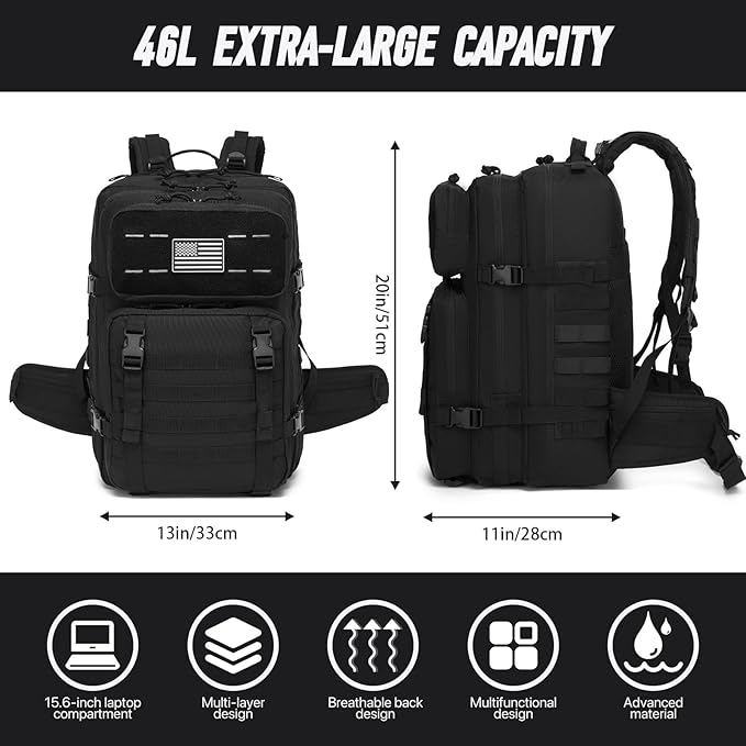Tactical Backpack for Men, Water Resistant 40L Military Backpack, for Hiking, Camping, Gym with Molle System