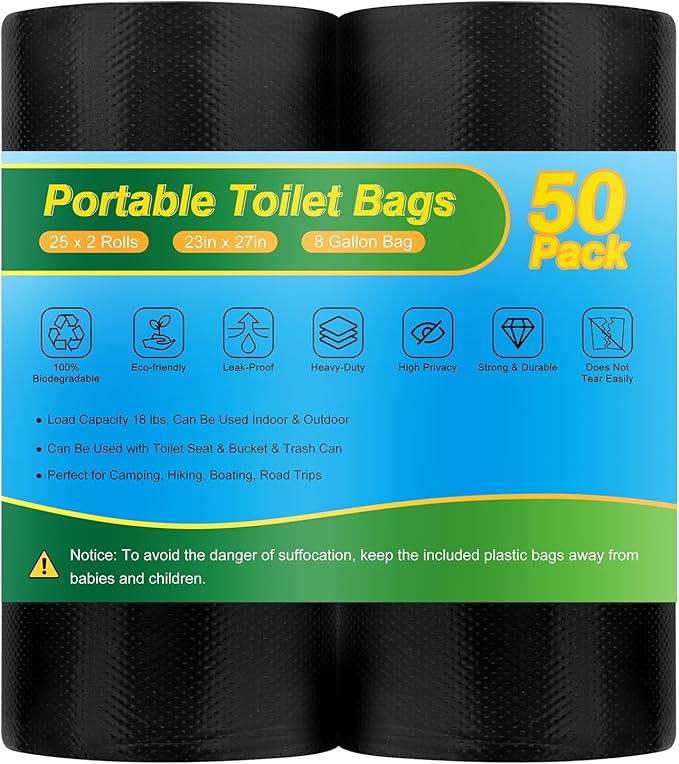 Portable Toilet Bags - 8 Gallon Camping Toilet Bags, Biodegradable Travel Potty Bag for Portable Toilet, Thickened Camp Toilet Waste Bags for 5 Gallon Bucket Toilet, Compostable Trash Bags
